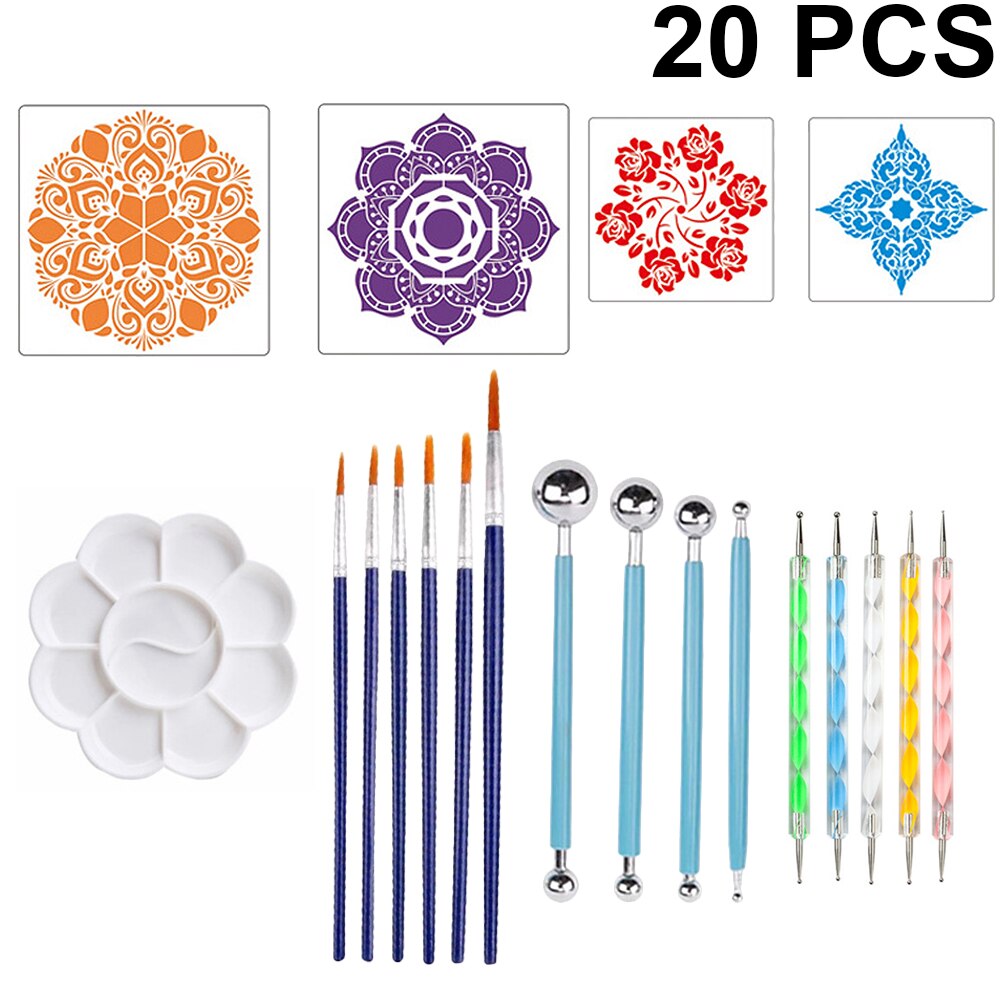 1Set 20 Stuks Dot Schilderen Gereedschap Kit Met Plastic En Metalen Mandala Templates