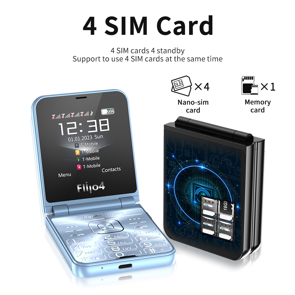 SERVO Flilo4 Flip Cellulare Quattro SIM Card GSM Rete cellulare Torcia Speed Dial Magic Voice Telefono cellulare pieghevole Prezzo basso