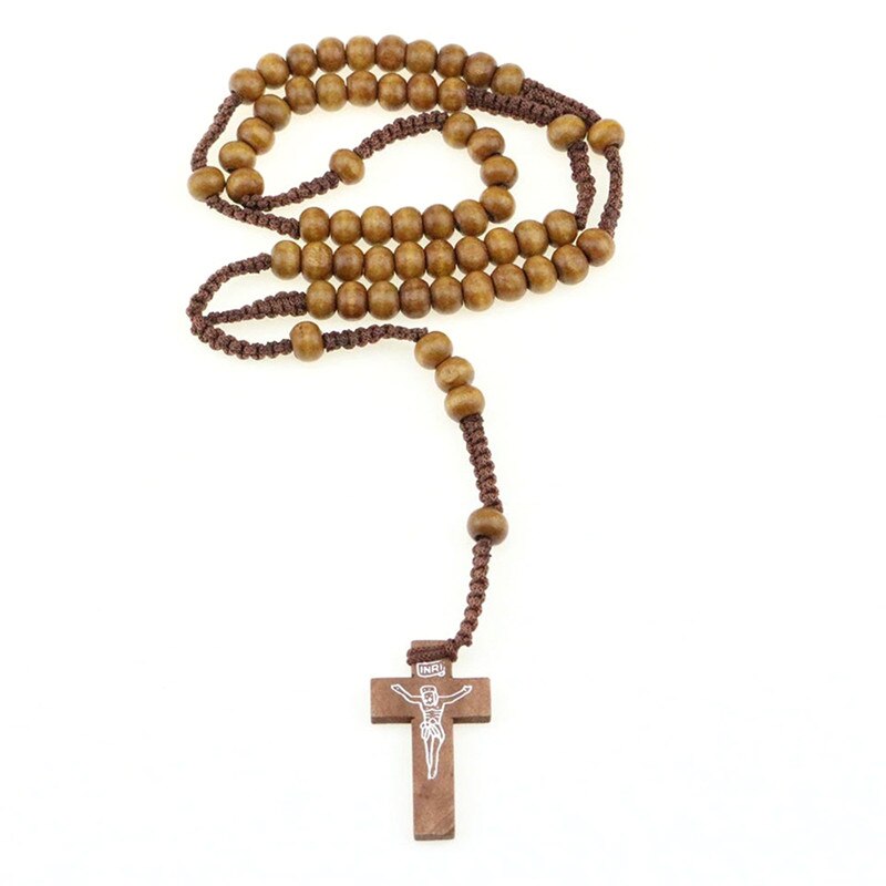 Cross vintage style herretøj kvinders katolske christ wood rosary perler cross vedhæng halskæde 4 farver til