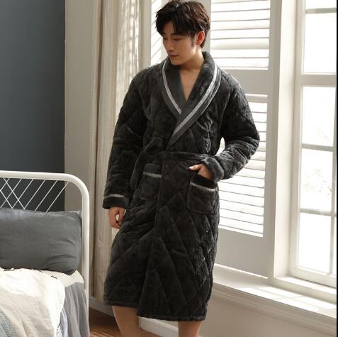 Hombre franela de punto acolchado bata larga Spa cómodo suave sólido invierno bata hombre Pijama L-XXXL: L