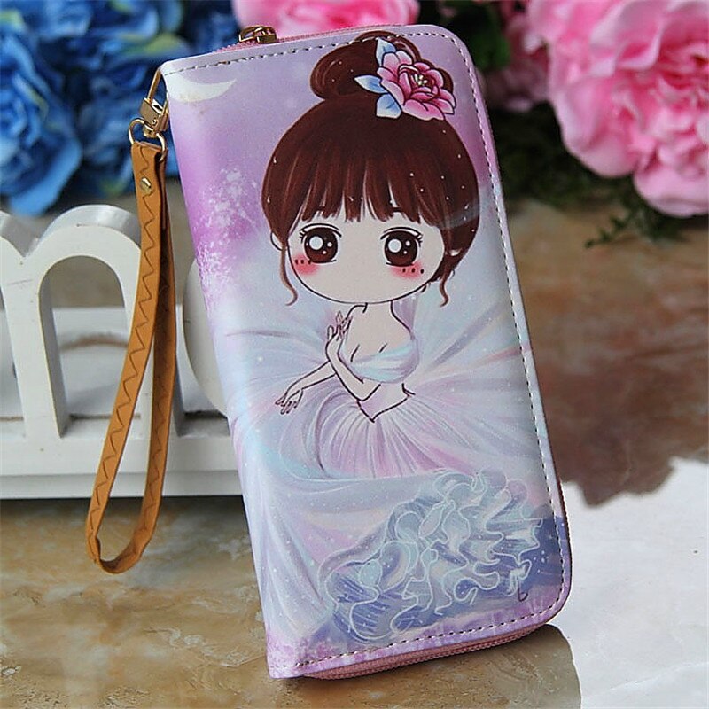 Lovely Women Girl Long Cartoon Raffiti Wallet Bag with Strap Card Holder Coin Purse Change Wallet Zip PU Leather Letter Handbags: 7