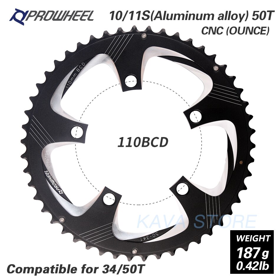 PROWHEEL route vélo plateau 110BCD 130BCD 34/39/50/53T pignon acier/alliage d'aluminium/AL-7075 CNC 8/9/10/11 vitesse chaîne: 5H 110BCD 50T OUNCE