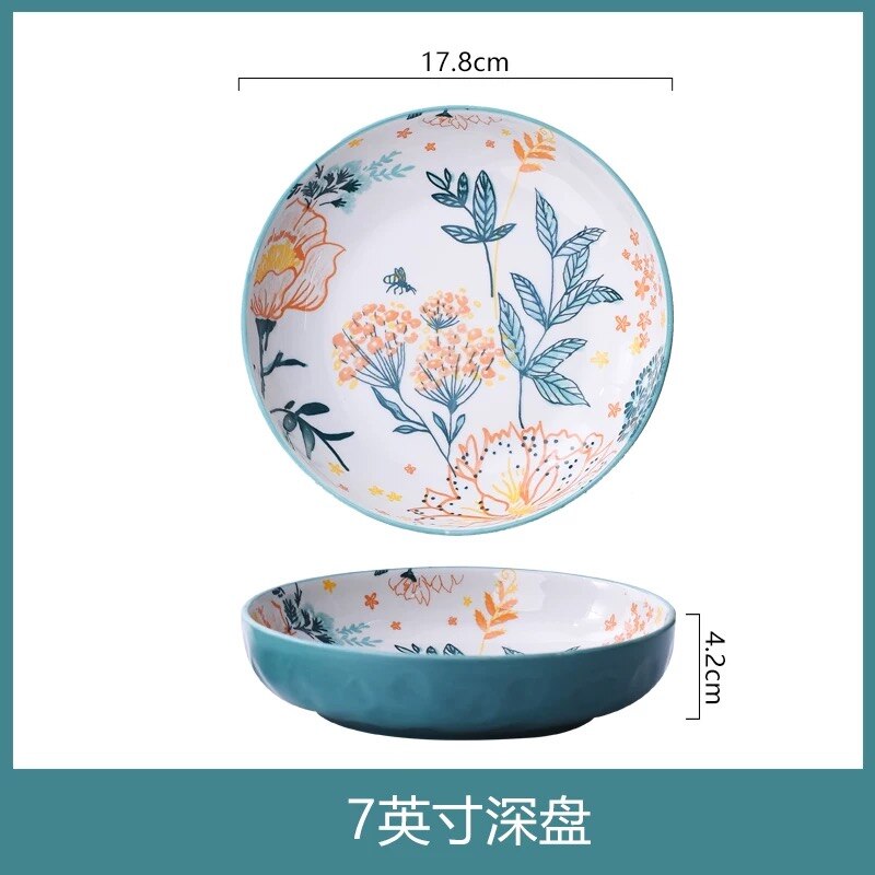 Keramische Diner Plaat Voedsel Platen Ins Stijl Creatieve Hand Getrokken Bloem Blauw Dessert Platen Taart Schotel Servies Set: 7 inch deep plate