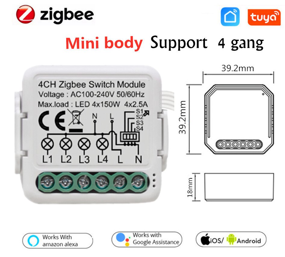Tuya Zigbee Smart Switch Module 4 Gang/Way Lichtschakelaar Module Relais 110V-240V Draadloze Compatibel alexa Google Thuis