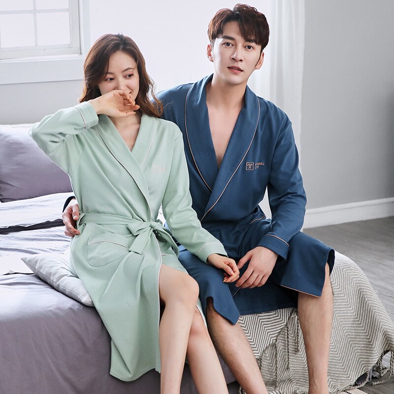 Lovers Dressing Gown Women Men Cotton Robes Soft Kimono Bathrobe Spring Autumn Bride And Groom Nightwear Plus Size XXXL