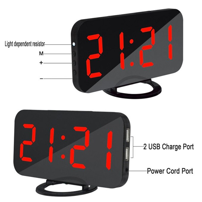 Simple Modern Mirrored Electronic Snooze Alarm Clock Multifunction Art Digital Display Wall Clock with Two Phone USB Charge Port: 02