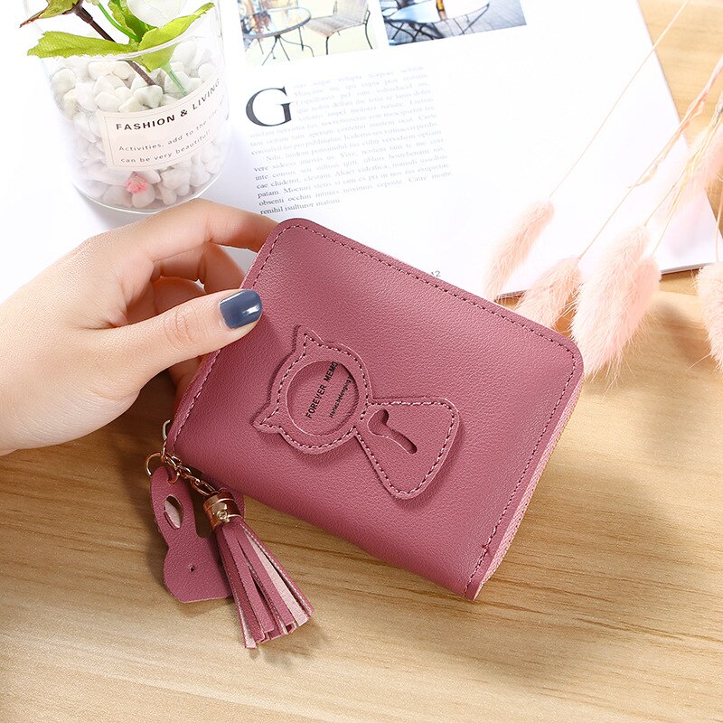 Wallets Tassel Short Wallet For Woman Zipper Mini Coin Purse Ladies Small Wallet Female Leather Card Holder: deep pink