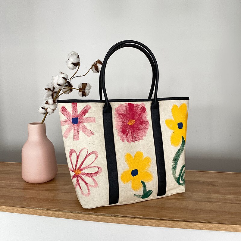 Shoulder Bags Women's Bag Canvas Graffiti Flower Bag Hand Bill Shoulder Large-capacity Shopping Bag Daisy Tote Bag Handbags: Default Title