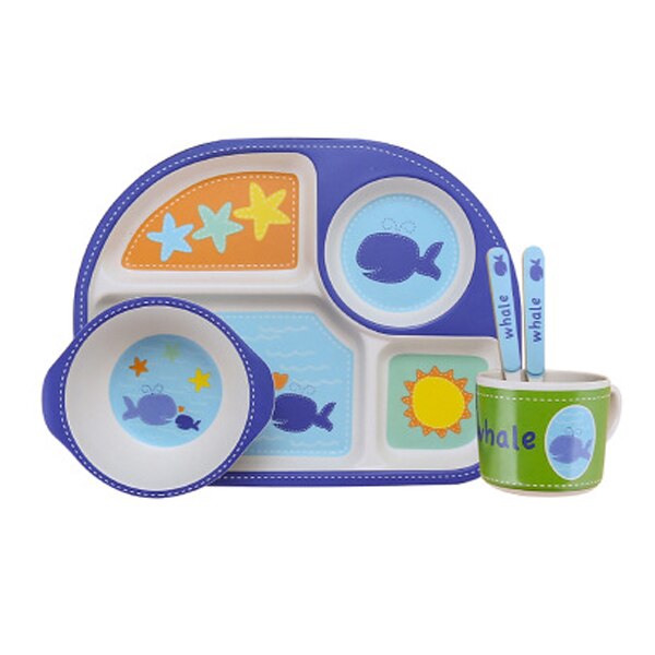 5 stuks/set baby schattige cartoon eetgerei kinder dinerbord peuter eetbakjes baby kinderen oefenkom lepel vork: Blauw