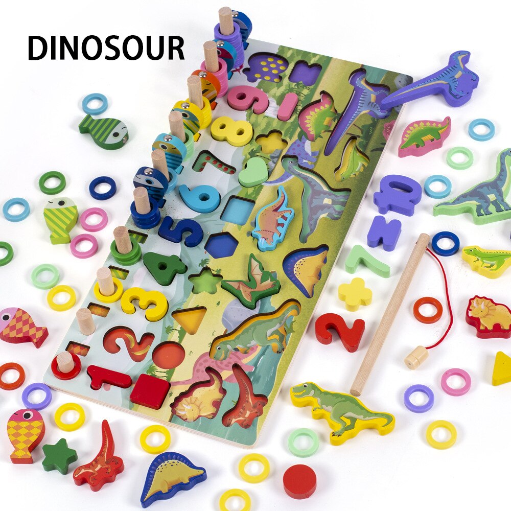 Puzzle in legno forma Sorter Board conteggio anelli impilabili pesca magnetica educazione precoce giocattoli di apprendimento per bambini di 3-6 anni: dinosour