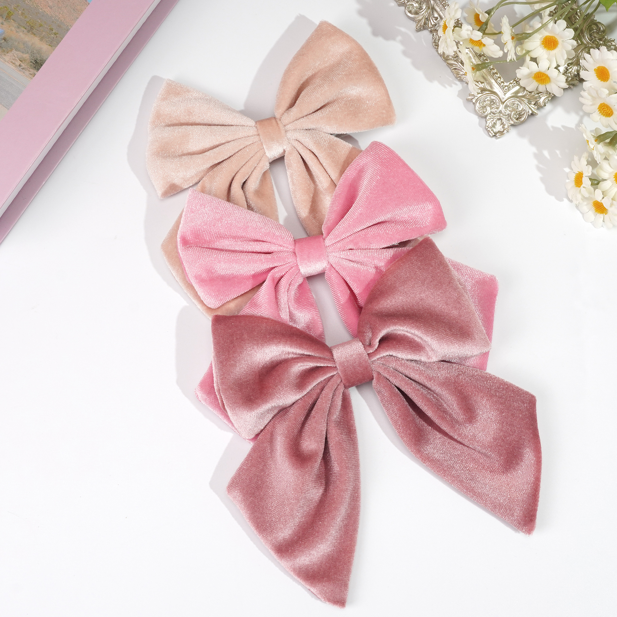 3 uds. De lazos grandes de terciopelo de 6 pulgadas, pinzas para el pelo con lazo, pasadores franceses para el pelo, accesorios Vintage para adolescentes, niñas y mujeres: Rosa