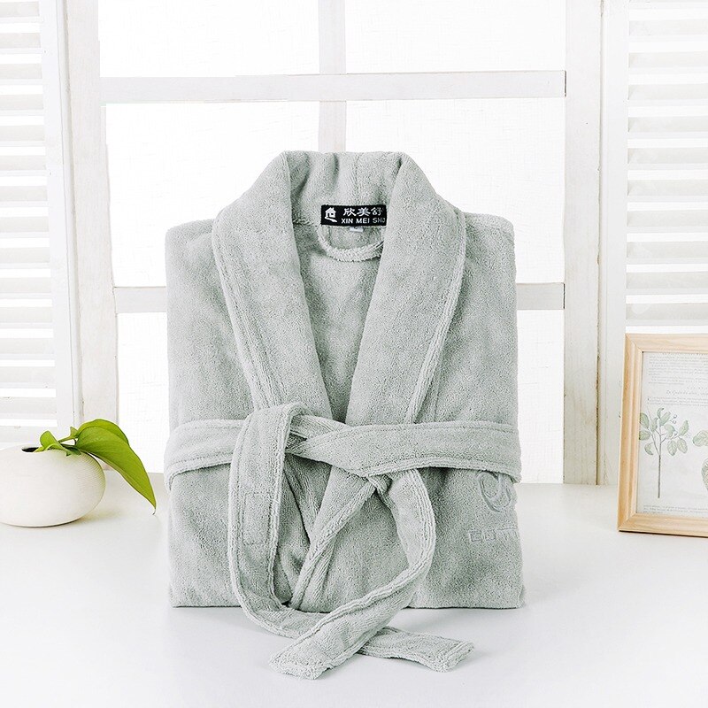 Men's Robe Cotton Bathrobe Adult Winter Towel Fleece Homewear Male Long Sleeved Gray Pajamas Men's Warm Homewear Autumn: GREY / L