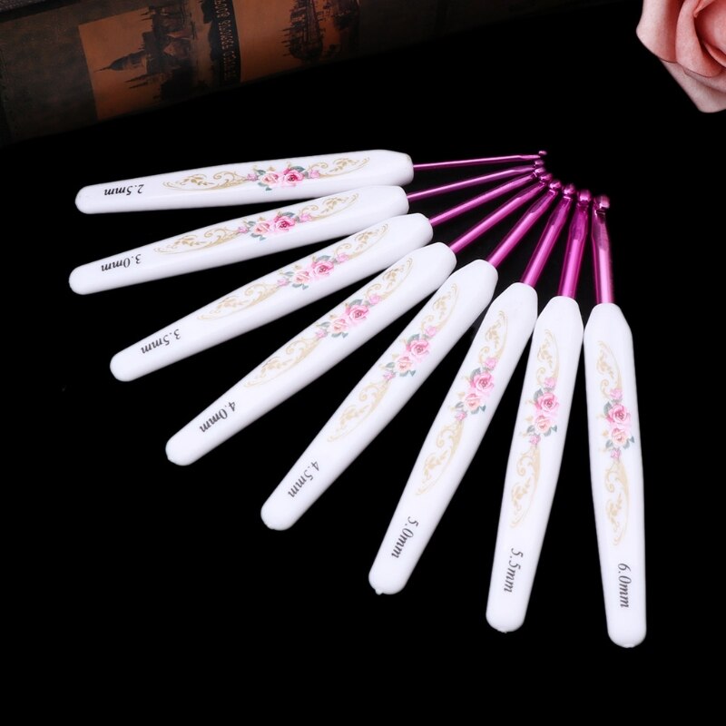 8pcs Plastic Handle Floral Aluminium Crochet Hooks Knitting Needle Set Weaving 4X7B