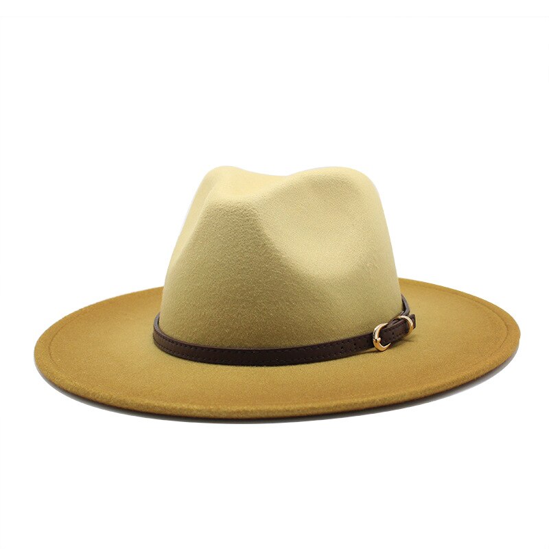 Two-color gradient Wool Felt Fedora Hats with Thin Belt Buckle Men Women Large Brim Panama Trilby Jazz Cap: ginger