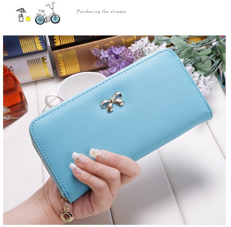 Portefeuilles à longue pochette pour femmes, en cuir PU, sac pour pièces de monnaie avec nœud papillon, porte-cartes, célèbre de styliste,: Blue