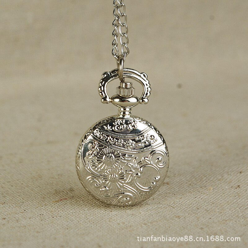 Roos reliëf verzilverde fob mini prachtige dames zakhorloge met ketting quartz dames zakhorloge voor