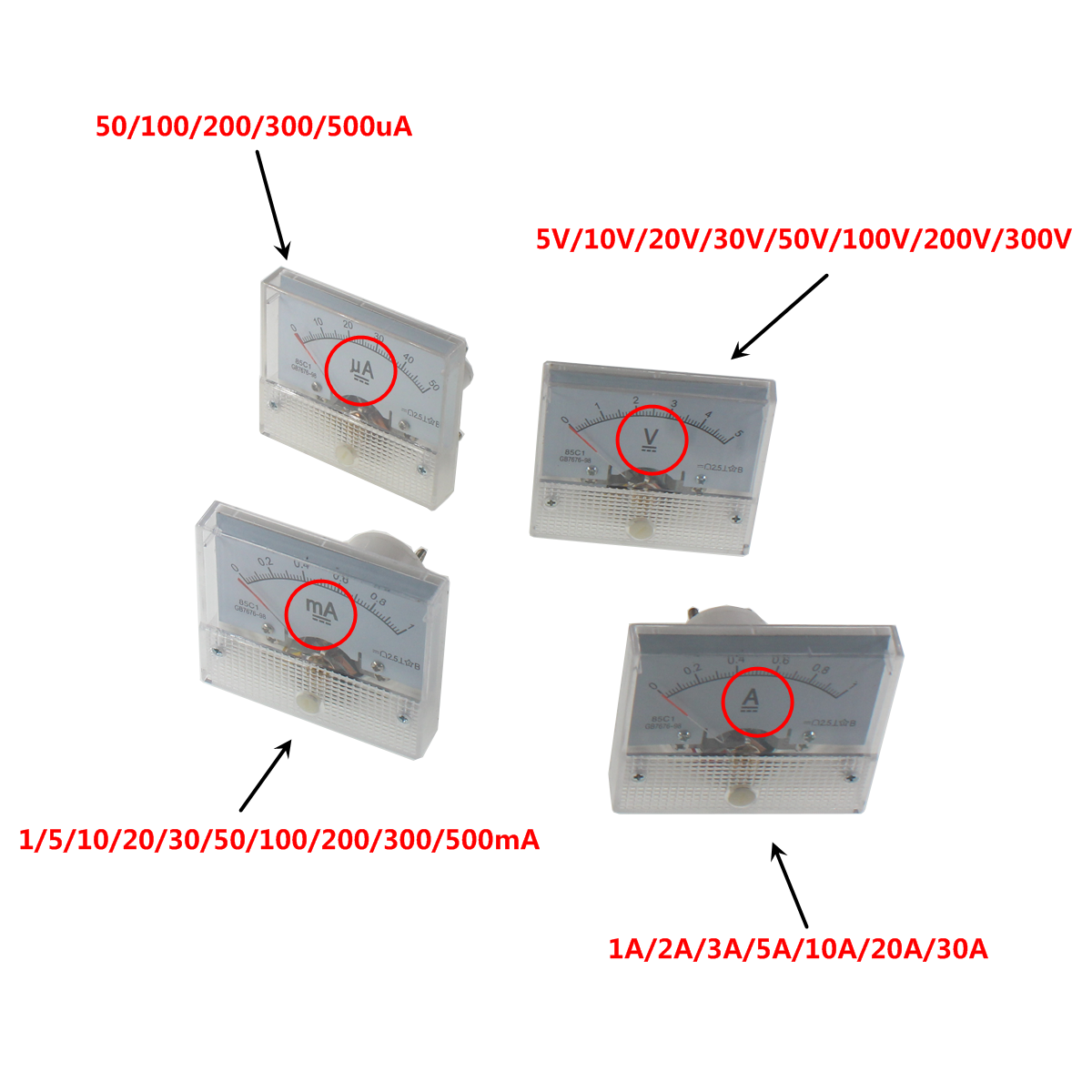 85c1 positive and negative ammeter DC milliammeter microammeter 25ua 50ua 100ua 200mA 300mA 5A 10AVoltmeter Amp Analog Meter