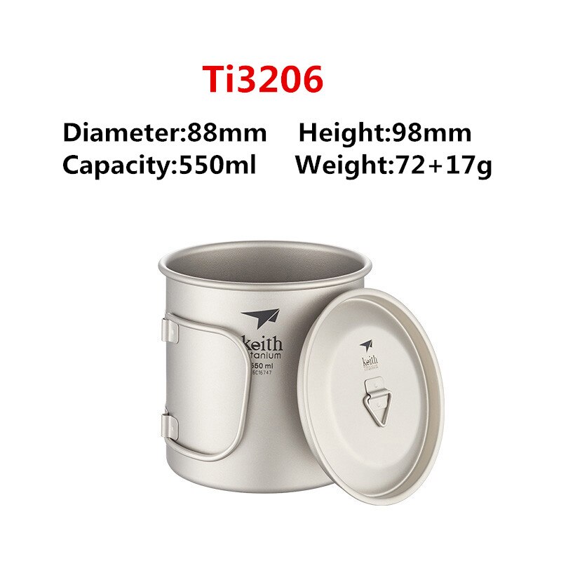 Keith titanium kopp titan vann krus sammenleggbart håndtak enkelt vegg kopp utendørs camping reise tur kopper med lokk 220ml-900ml: 550ml