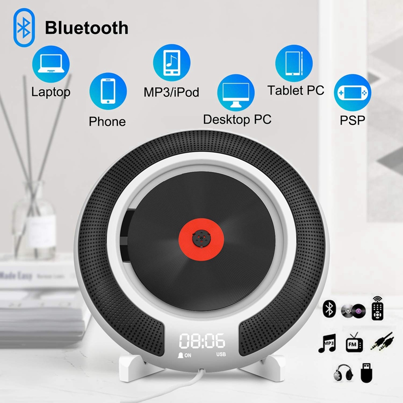 Bærbar cd-spiller med bluetooth veggmonterbar fm-radio innebygde hifi-høyttalere med hodetelefonkontakt til fjernkontroll