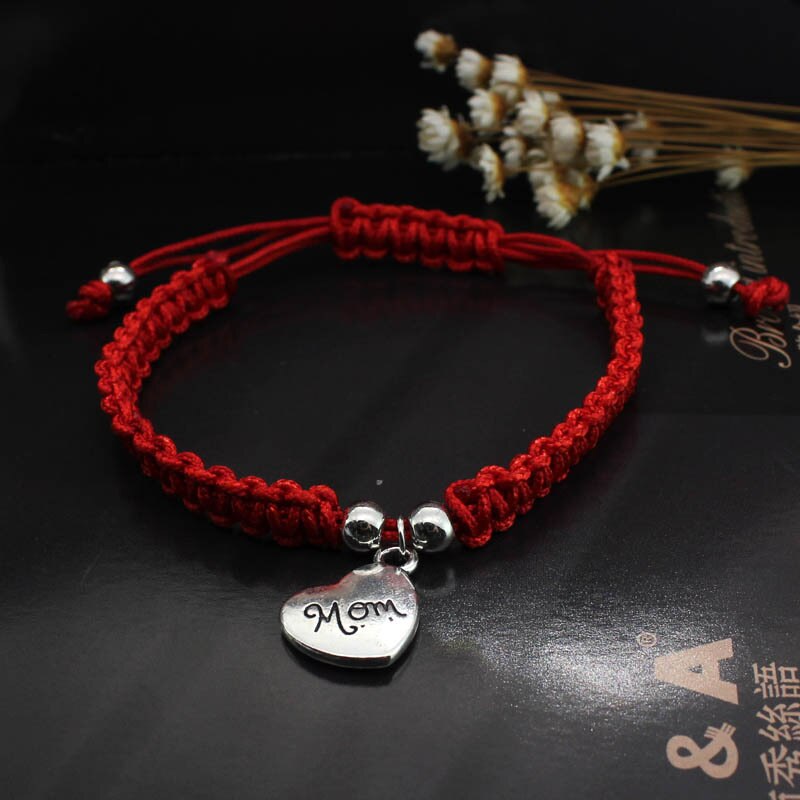 Lucky Red Rope Bracelet Women Handmade Woven String Mom Heart Pendant Bracelet Charm Jewelry Mother's Day
