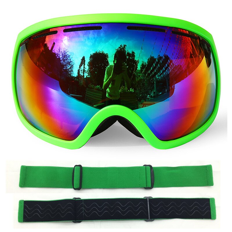Large Spherical Big Vision Ski Goggles Double Layer Permanent Anti-fog Outdoor Ski Goggles Cocker Myopia: Green Frame   Plated Green