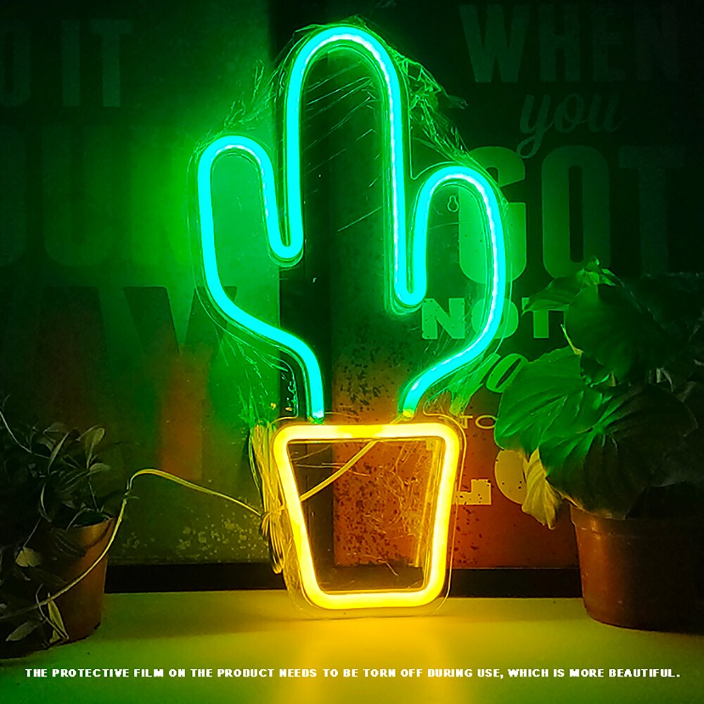 Signe lumineux néon Led, Cactus, ananas, cocotier, Popsicle, arbre de noël, Rose, panneau mural, alimentation Usb, décor: Cactus