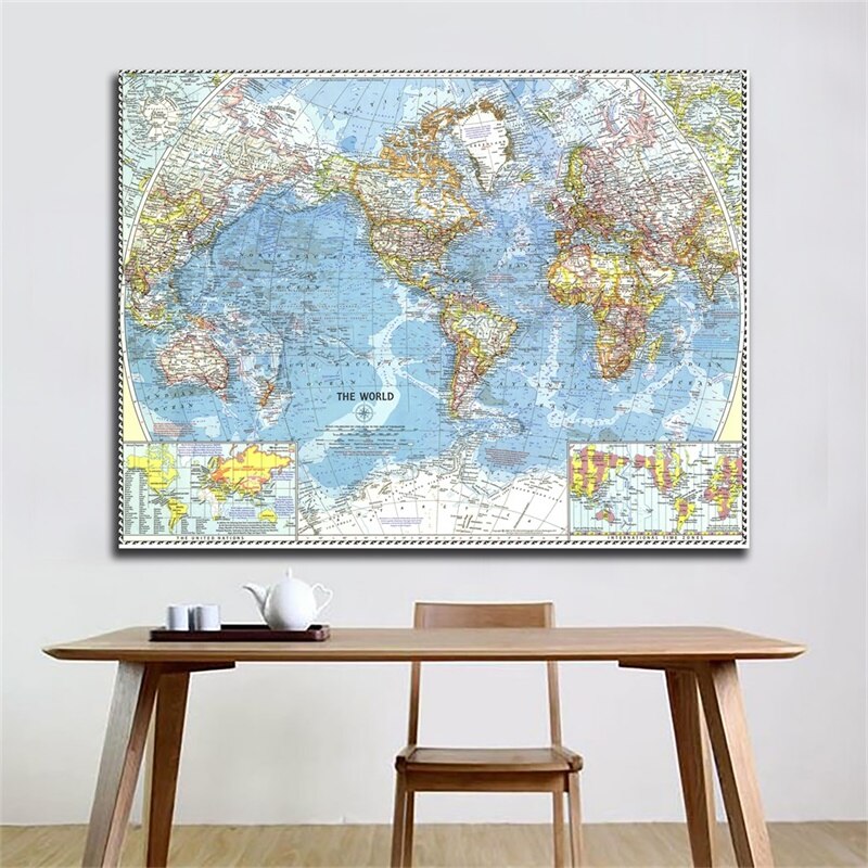 World Wall Map Poster 90*60cm Home Decoration Wall Physical Map of The World Atlases 1960 for Culture and Travel Supplies