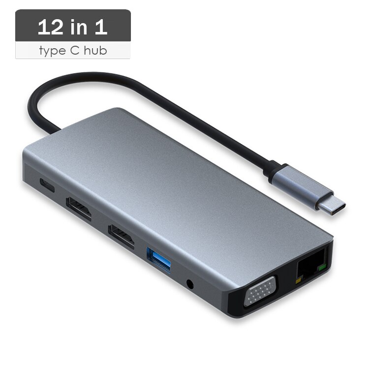 12in1 Typ C USB C Hub zu Dual HDTV 4K VGA 1080P Rj45 1000Mbps SD TF Karte Slot USB 3,0 3,5 MM Docking Bahnhof für Laptop Macbook