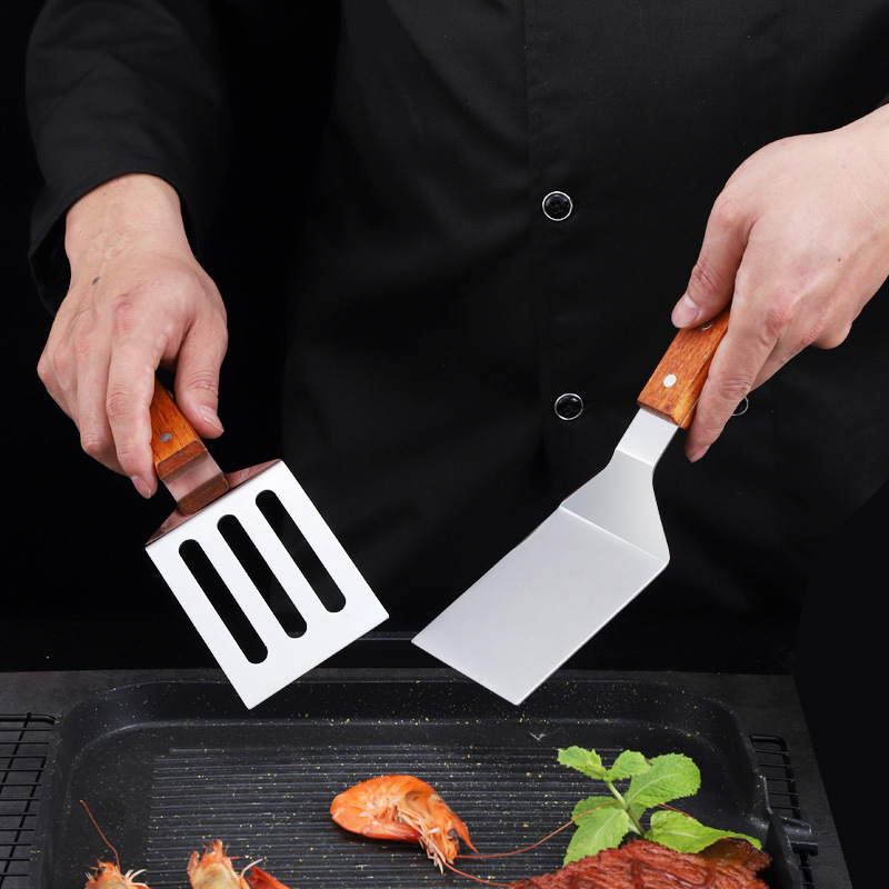 Spatule de cuisson avec manche en bois en acier inoxydable, pelle à frire pour Steak et crêpes, grattoir Teppanyaki, outil de Barbecue, accessoires de cuisine