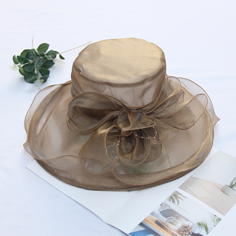 FS -sombreros de Iglesia transpirables para mujer, sombrero de ala ancha de Organza, gris, púrpura, para de té, con flor de malla: Khaki Derby Hat