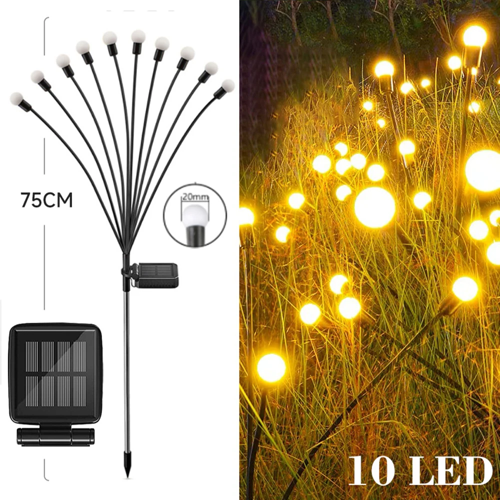 6/8/10 LED Solar Garden Lights Powered Firefly Lights Outdoor Waterproof Vibrant Garden Lights for Patio Pathway Decoration,Warm: sunny yellow