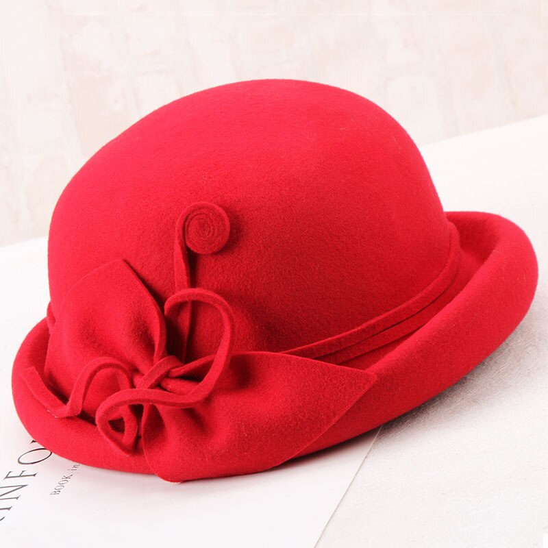 H274 jesień zima kapelusze z wełny kapelusz kobiety eleganckie moda Bowknot retro umywalka czapka panie czystego kolor wijący się kościół czapki imprezowe: Czerwony