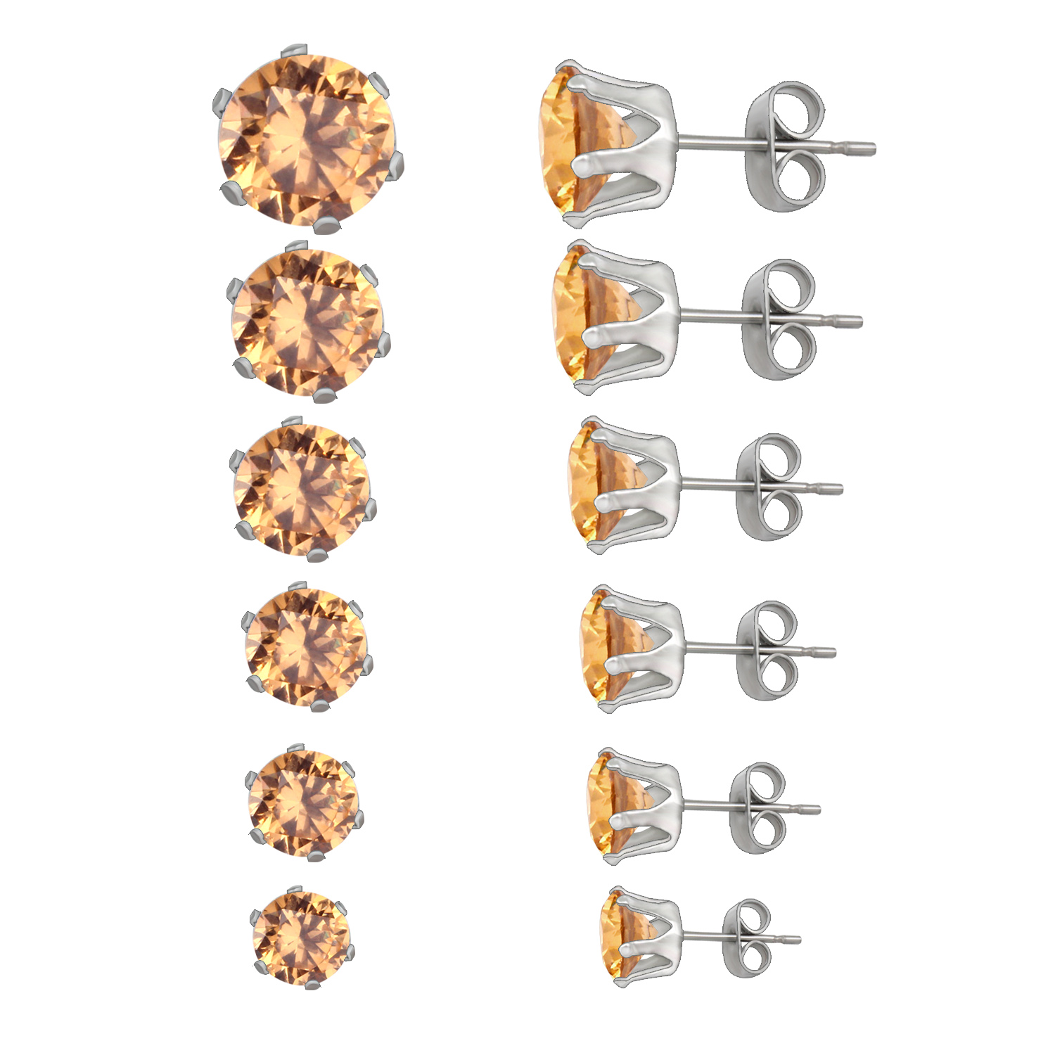 LUXUSTEEL 6 Paare/einstellen CZ Ohrstecker Edelstahl rund weiß Zirkonia hypoallergen 6 Krallen Ohrring trendiger Schmuck: Reines Gold Farbe