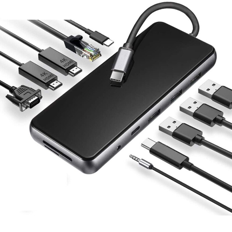 Estación de acoplamiento para ordenador portátil, 12 en 1, Triple pantalla HDMI Dual, 4K, VGA, PD3.0, SD, TF, USB C, Hub para Mac/Windows System Thunderbolt