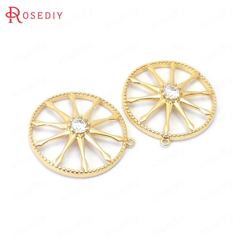 (39063)6PCS 17x18.5MM 24K Gold Color Brass and Zircon Round Star Charms Pendants Jewelry Making Supplies Diy Accessories