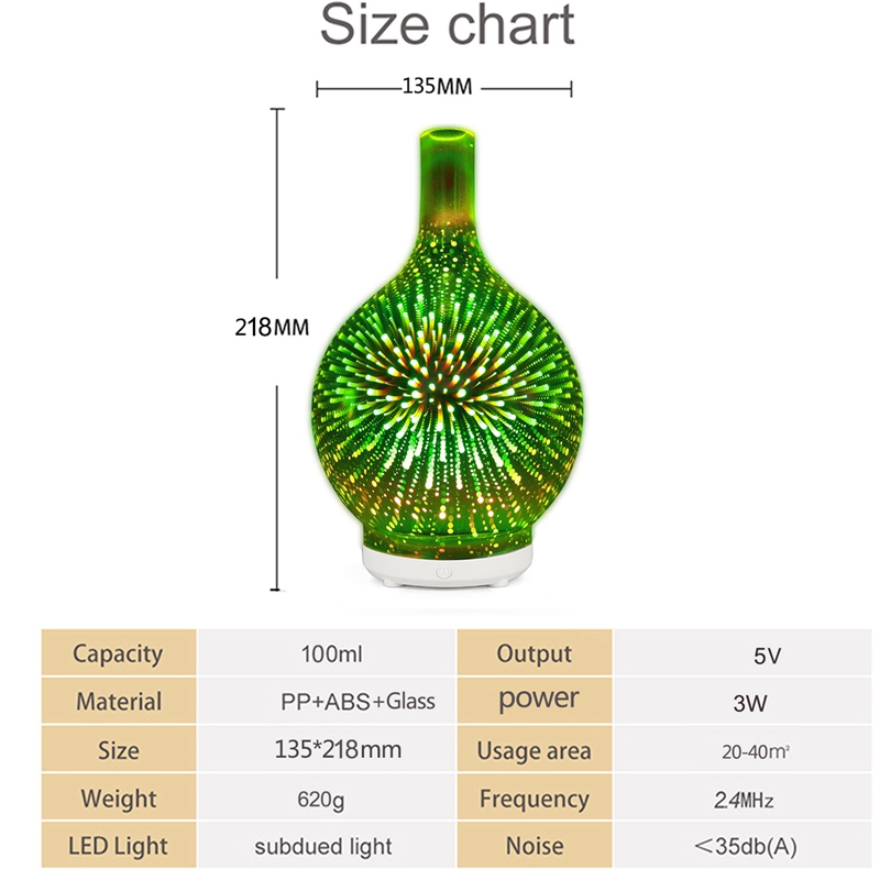 3D Vuurwerk Glas Usb Luchtbevochtiger Met 7 Kleur Led Nachtlampje Aroma Essentiële Olie Diffuser Cool Mist Maker Voor home Office