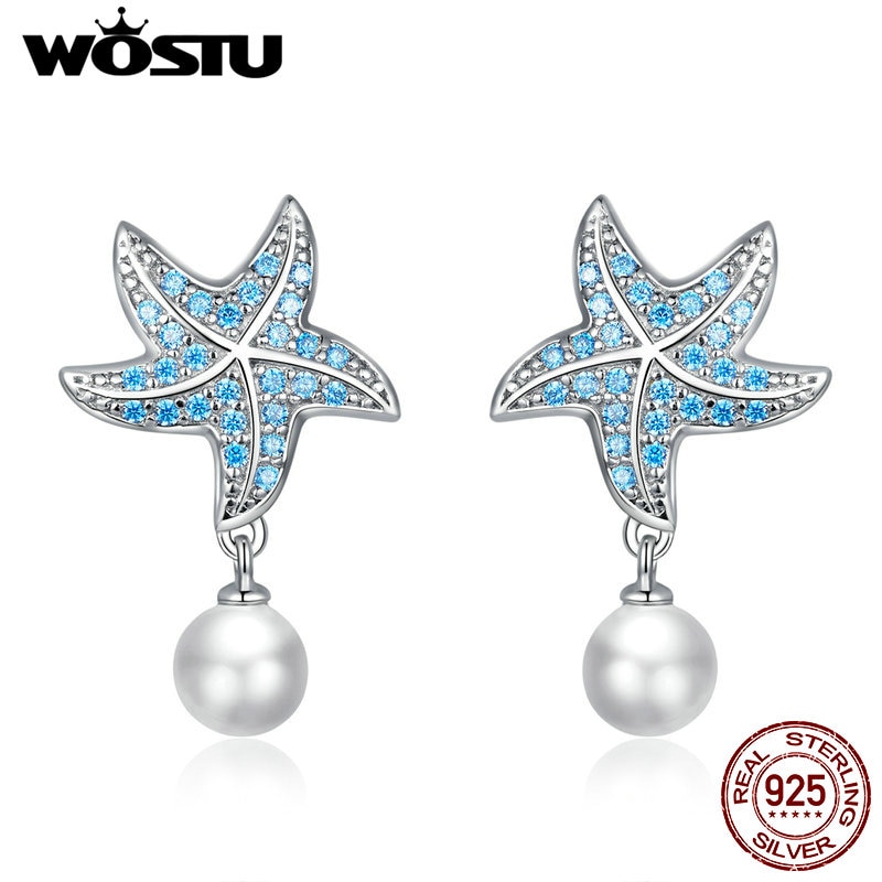 Wostu quente verão 925 prata esterlina oceano estrela do mar brincos para mulher azul cz zircon brincos de prata jóias cte405