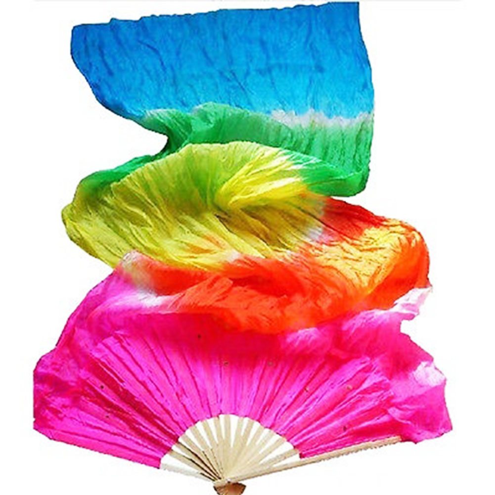 Long voile de ventilateur pliable en bambou, fait à la main, coloré en soie, flamme, danse du ventre, Art, jaune, rouge, bleu: MULTI