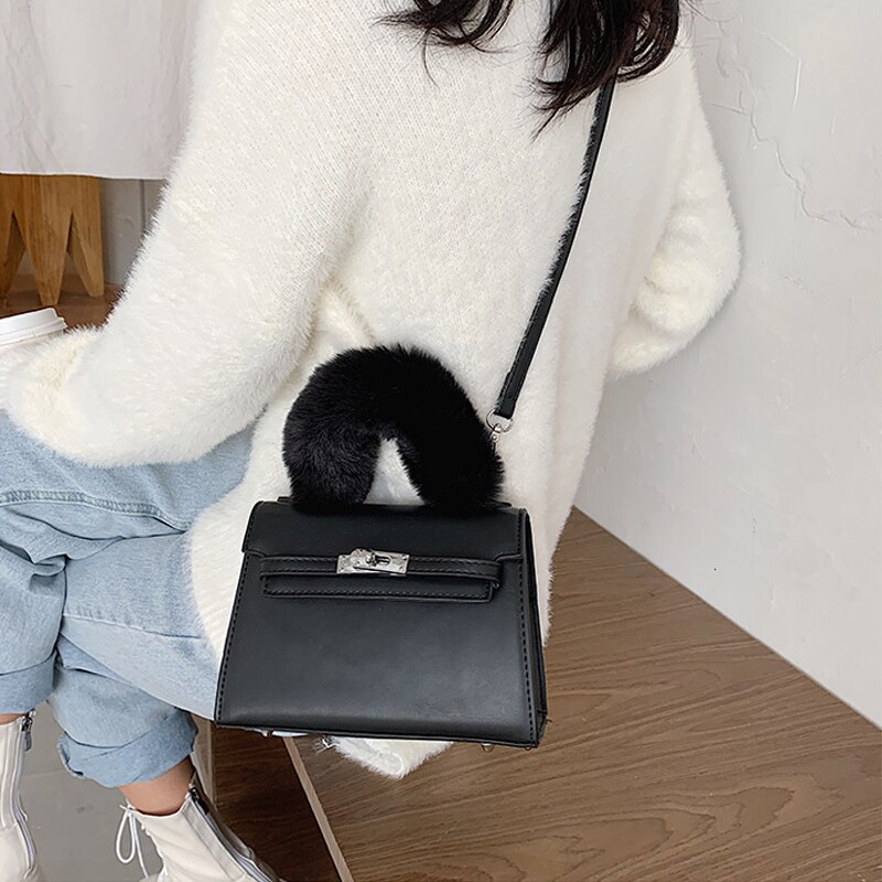 Faux Bont Handvat Kleine Pu Lederen Crossbody Tassen Voor Vrouwen Winter Trending Schouder Handtassen Vrouwen Eenvoudige Handtas