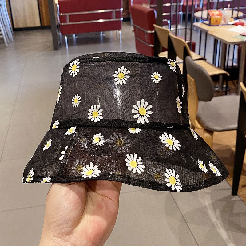 Sommer solbassin hat mesh blomster søde kvinder fiskerhat åndbar fiskerhat tusindfryd printede rejsekasketter: Sort