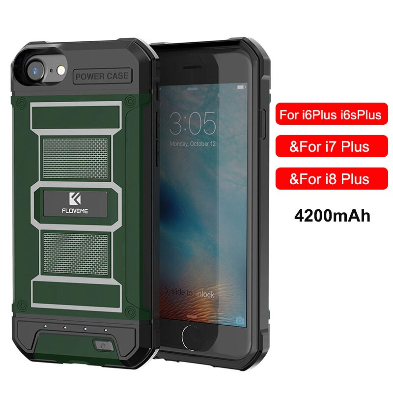 FLOVEME Battery Charger Case For iPhone 6 6s 7 8 Plus Power Bank Case Portable External Backup Charging Case Cover 3000/4200mAh: Green For plus