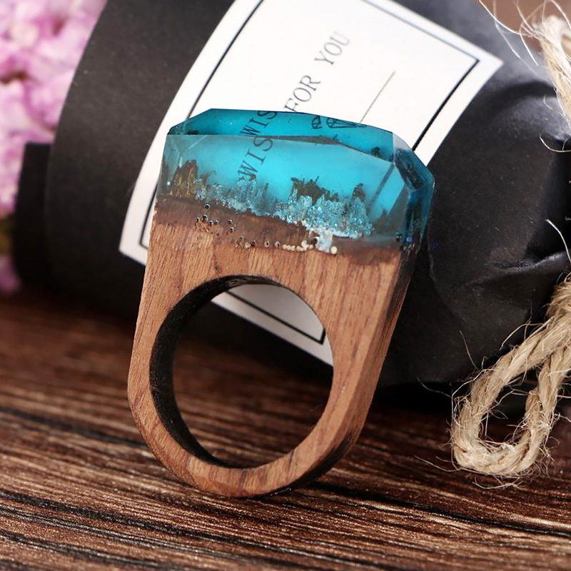 Mode Sky Blue Resin Houten Bos Ringen Creatieve Handgemaakte Ringen Voor Vrouwen Mode-sieraden