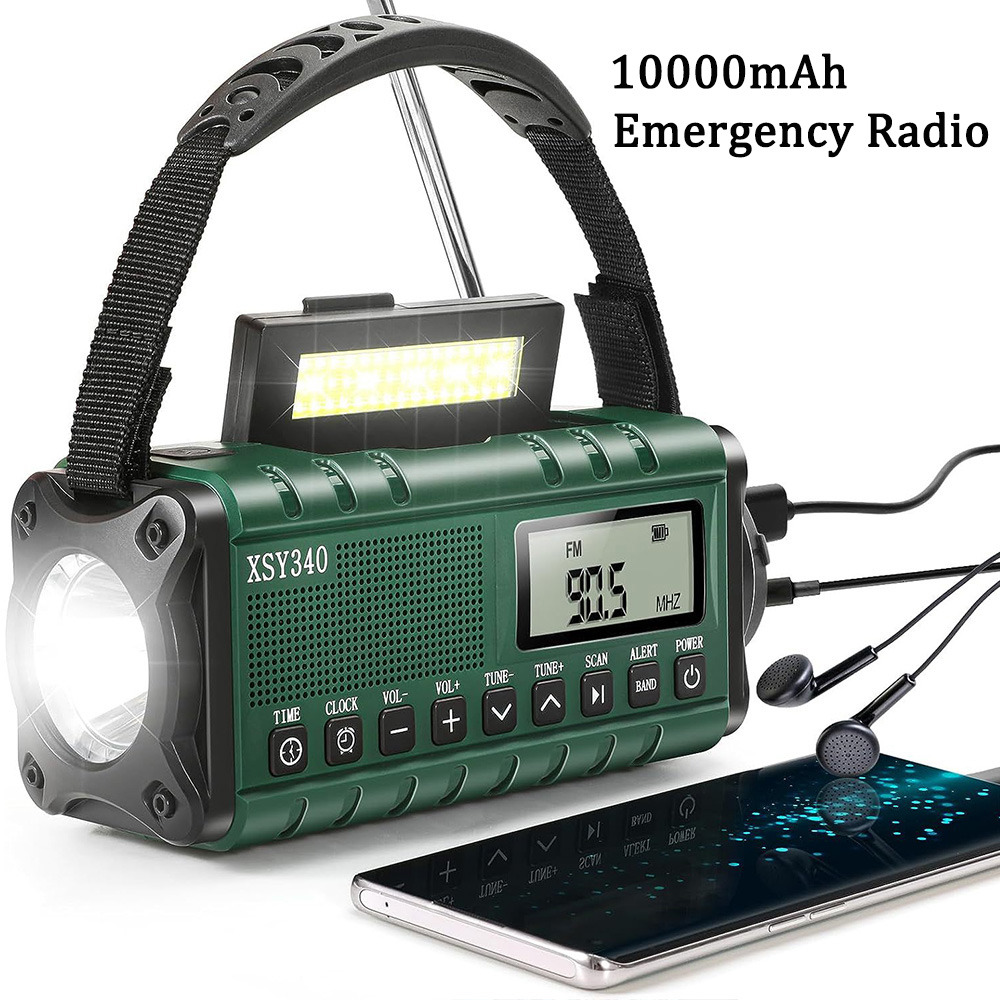 10000mAh Emergency Radio Solar Hand Crank Dynamo Radio AM/FM/NOAA Radio LED Flashlight SOS Alarm Power Bank
