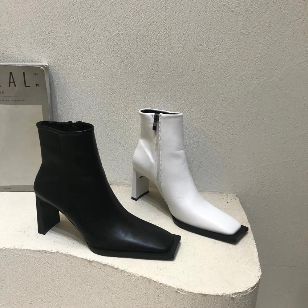 Botas Martin de punta cuadrada para mujer, botines a la con cremallera lateral, estilo romano, de tacón alto grueso para invierno, color blanco y negro