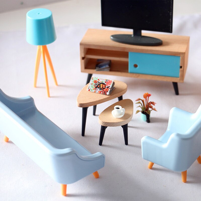 1 Set DIY Dollhouse Mini Living Room TV Sofa Set Wooden Furniture Miniature