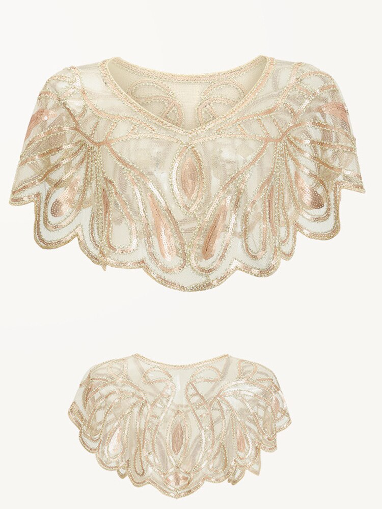 Kort sjal med 1920s klaffer paljett beaded cape beaded dekorasjon gatsby party mesh kort dekkkjole vintage tilbehør: Gull
