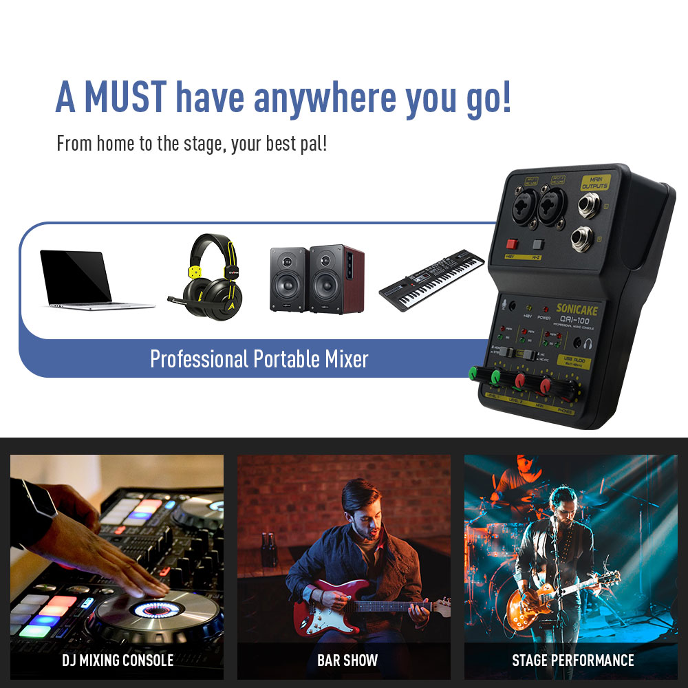 SONICAKE 2-Channel Mini Audio Mixer with Sound Card DJ Studio Music Recording Home Karaoke PC Compatible Mixing Console QAI-100