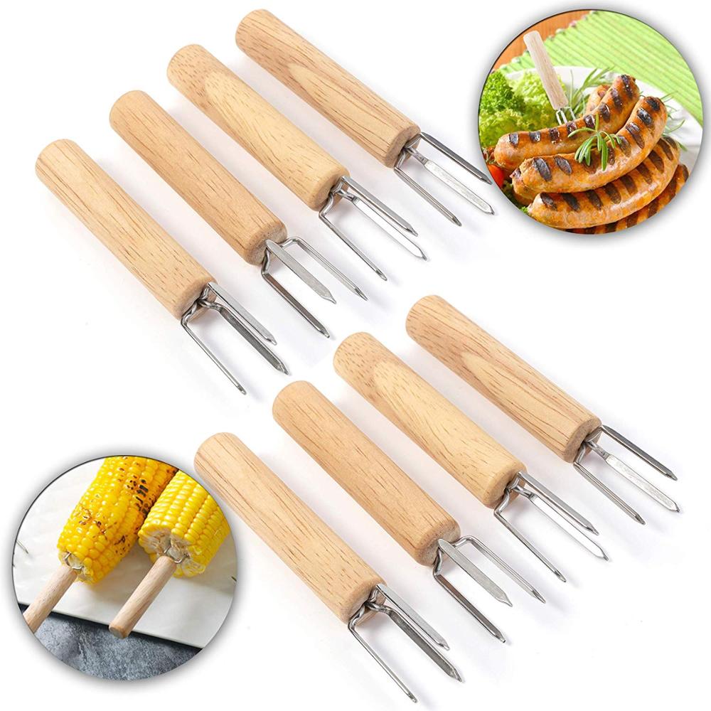 8PCS Corn Holder BBQ Stainless Steel with Oak Handle Corn on The Cob Skewers for Kids and Adults Home Cooking Barbecue