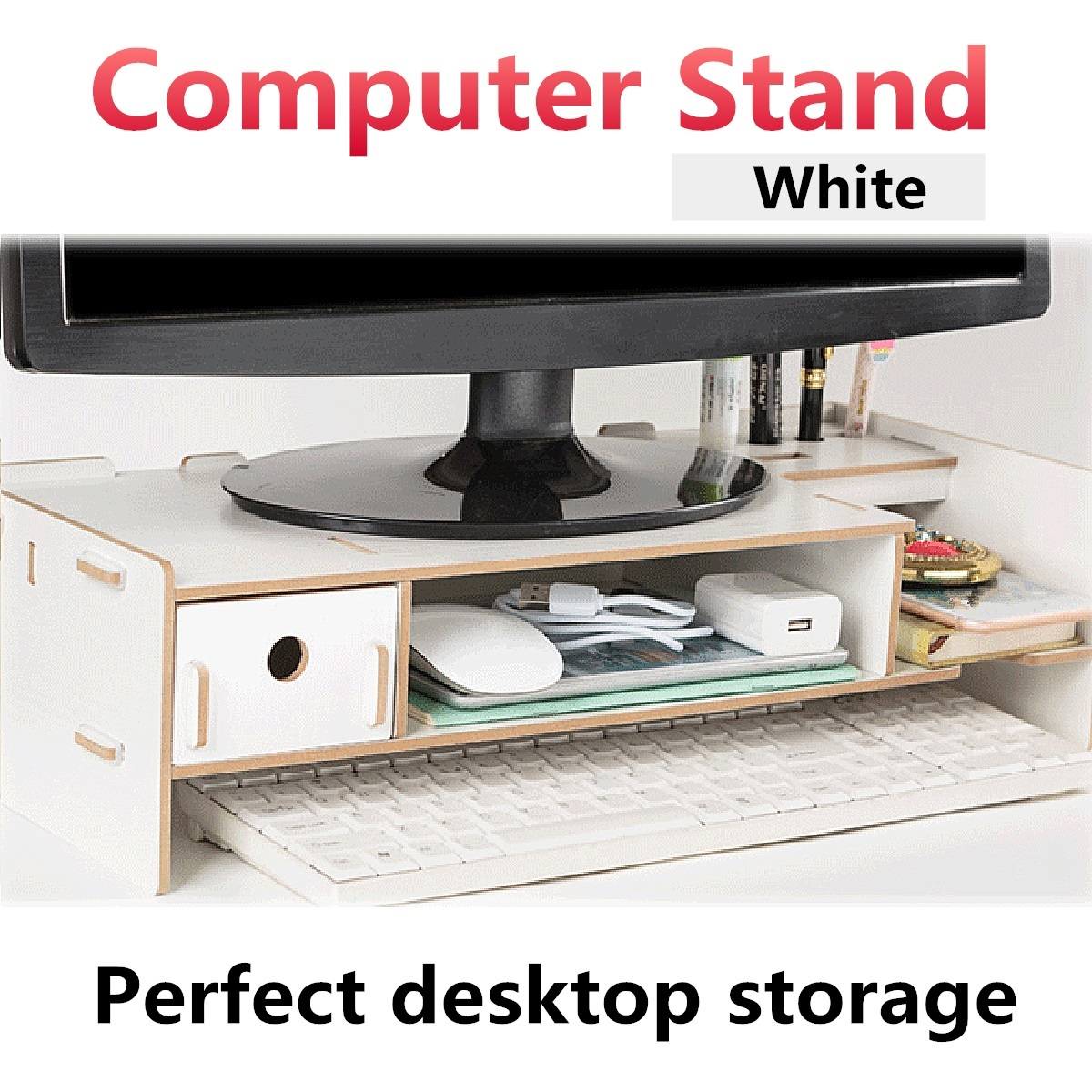 Bureau d'ordinateur portable Riser organisateur support de stockage étagère de stockage ordinateur moniteur Riser support clavier bureau Organe en bois moniteur support: WHITE
