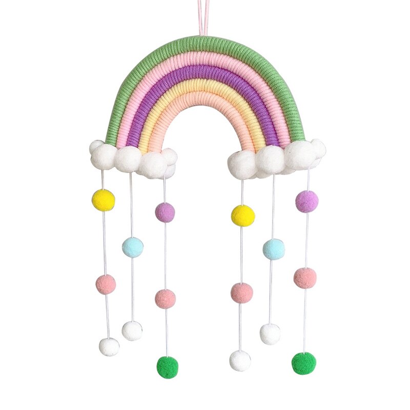 Färgglad regnbåge macrame vägghängande dekoration bomull tofs barnrum inredning boho barnkammare studenthem vävd pom pom boll prydnad: 09